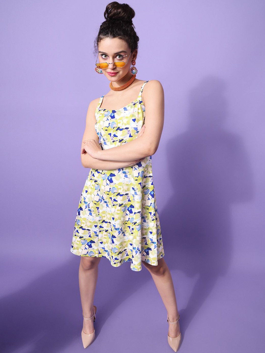

PURVAJA Floral Printed Shoulder Straps Fit & Flare Dress, Yellow