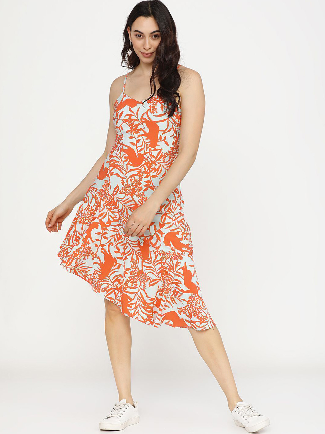

Tokyo Talkies Floral Printed Shoulder Straps Fit & Flare Dress, Orange