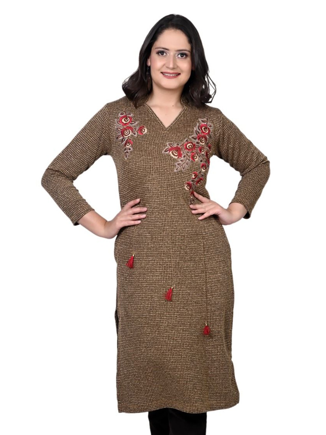 

TWENTY ME Floral Embroidered Thread Work Woollen Kurta, Camel brown
