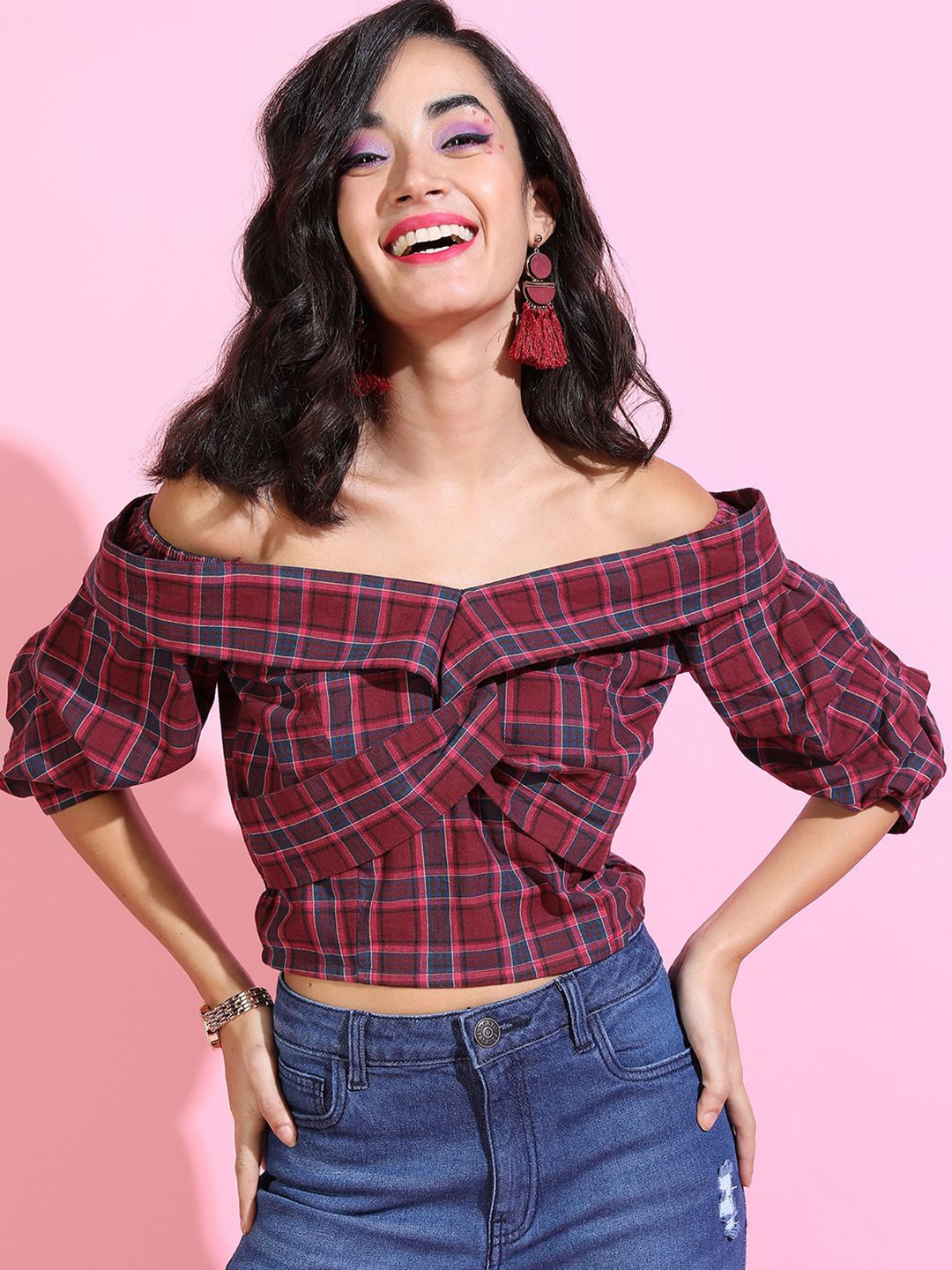 

Tokyo Talkies Checked Off-Shoulder Puff Sleeve Cotton Bardot Crop Top, Maroon