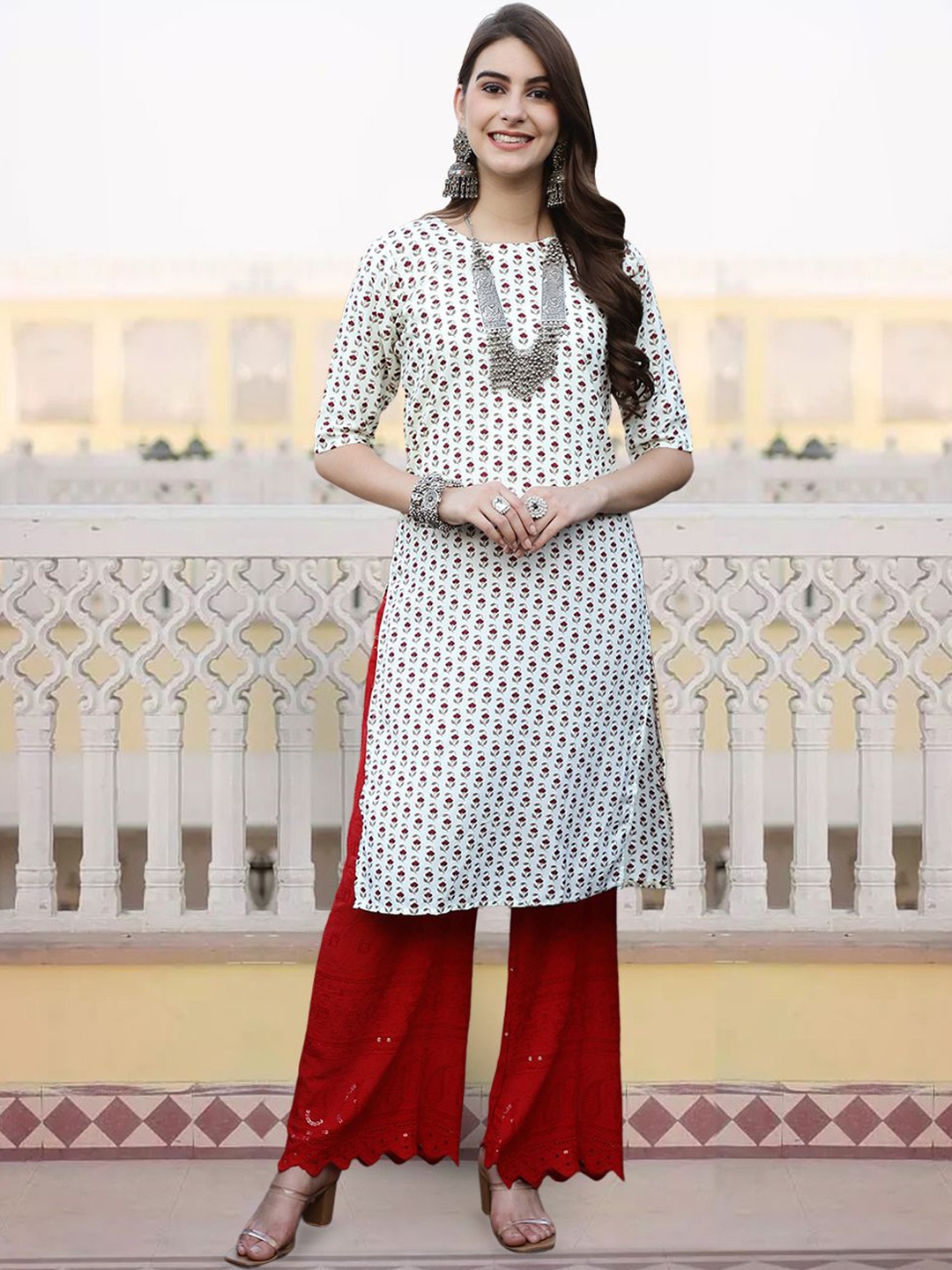

7Threads Women Ethnic Motifs Printed Sequinned Floral Crepe Kurta, Multi