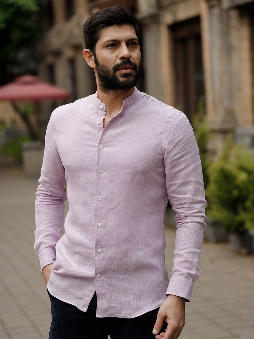 

Monks of Method Men Classic Band Collar Solid Linen Slim Fit Casual Shirt, Pink