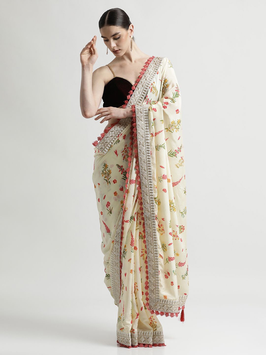 

Jaipur Kurti Floral Embroidered Satin Saree, Off white