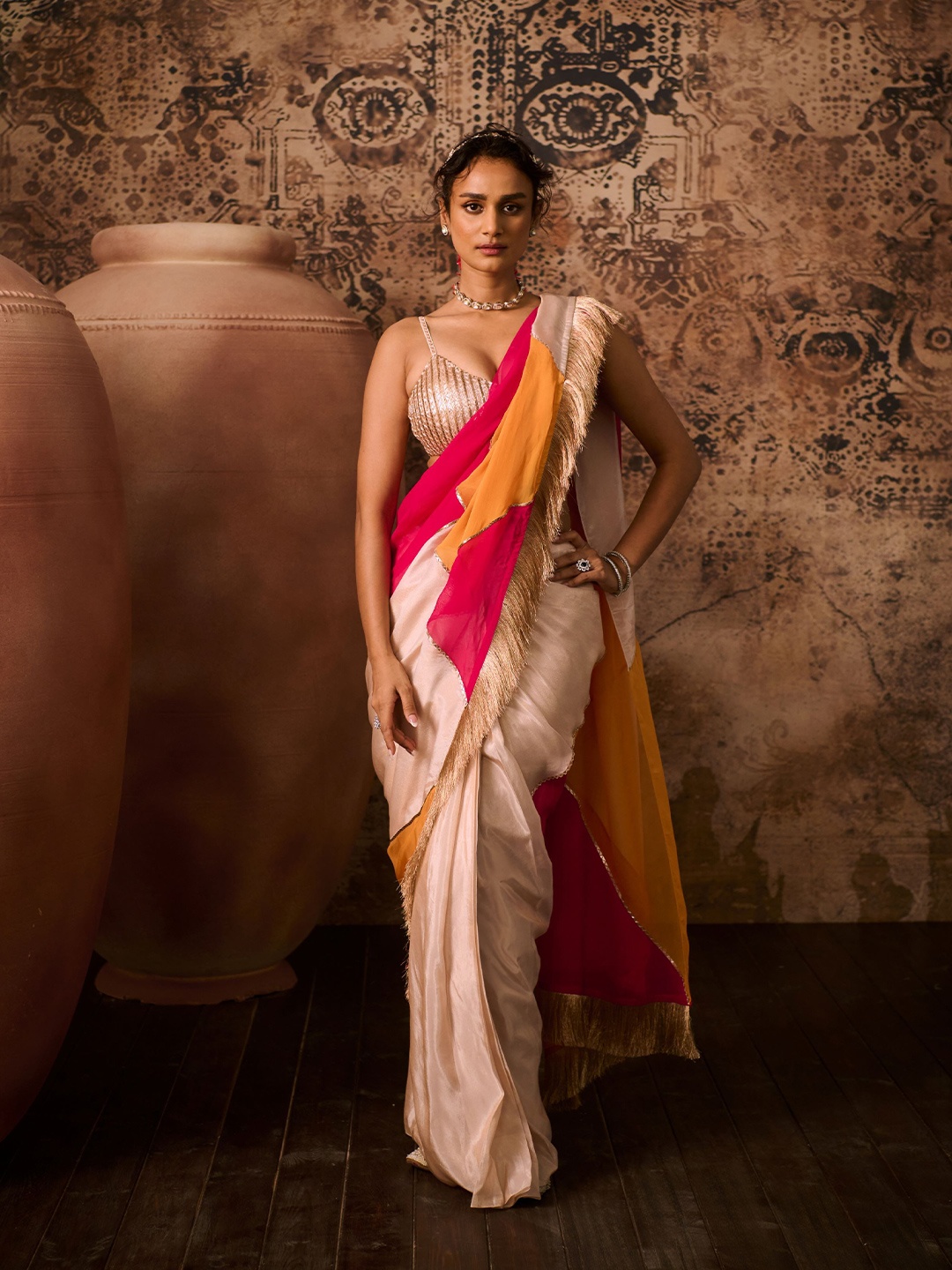 

Masumi Mewawalla Colourblocked Embroidered Organza Saree, Pink