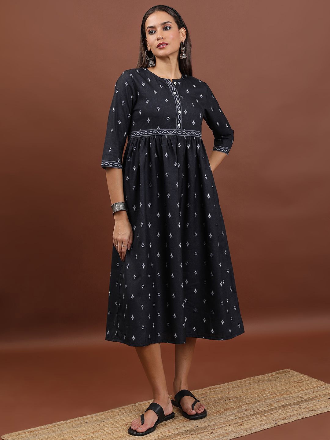 

Vishudh Ethnic Motifs Printed A-Line Midi Dress, Black