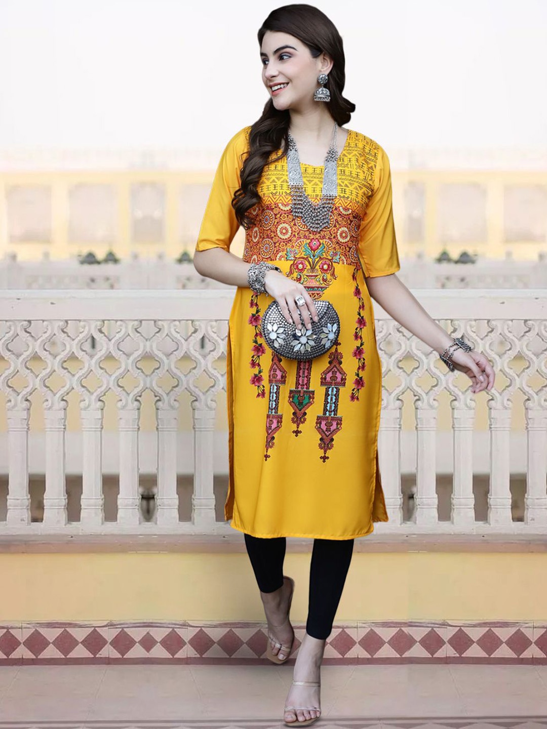 

7Threads Women Ethnic Motifs Printed Mirror Work Floral Crepe Kurta, Multi
