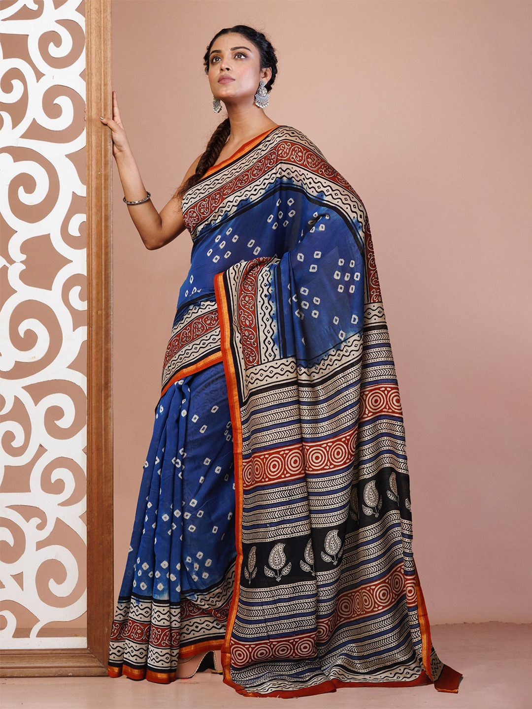 

Unnati Silks Bandhani Zari Silk Cotton Handloom Chanderi Saree, Blue