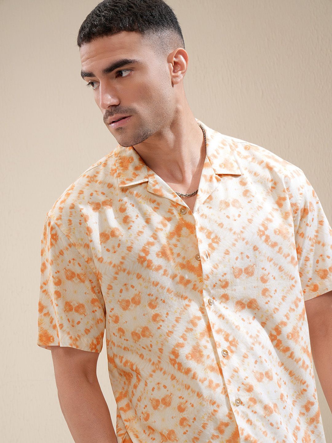 

LOCOMOTIVE Premium Men Printed Cuban Collar Relaxed Fit Shirt, Orange