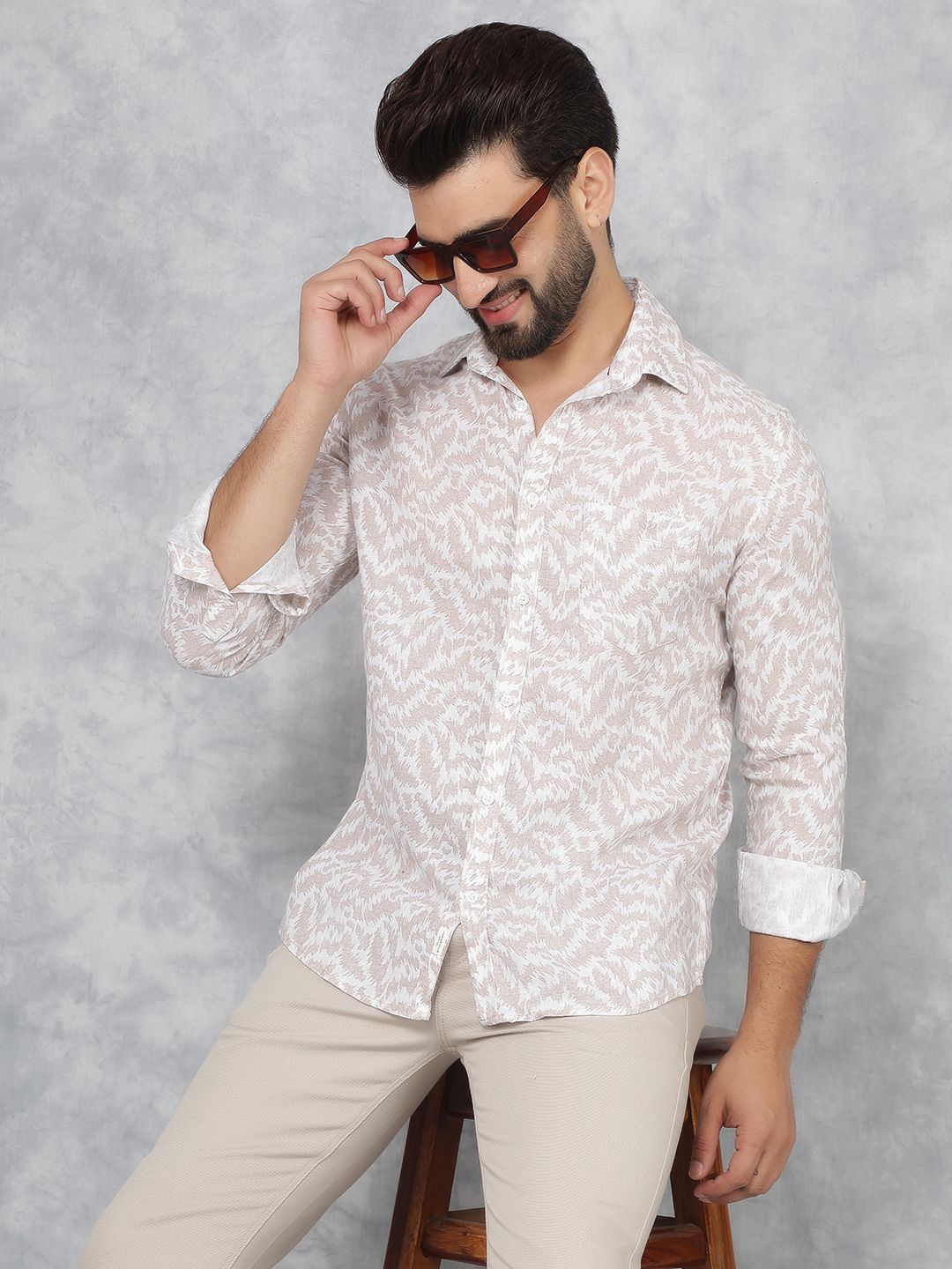 

Crimsoune Club Men Classic Slim Fit Opaque Printed Casual Shirt, Beige