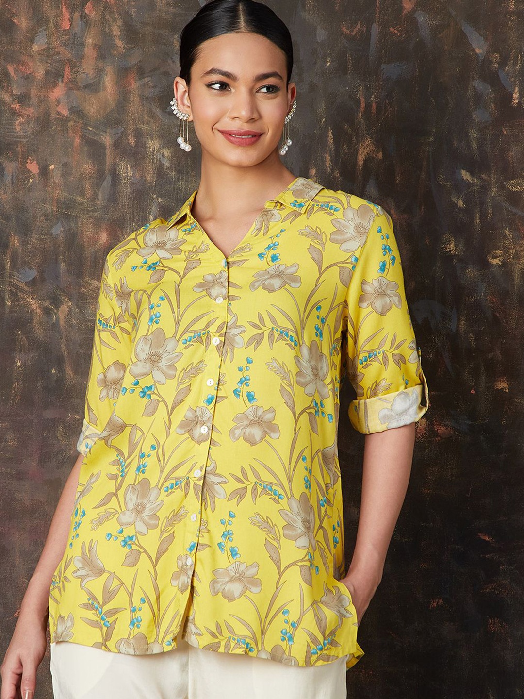 

Melange by Lifestyle Floral Printed Shirt Collar Kurti, Yellow