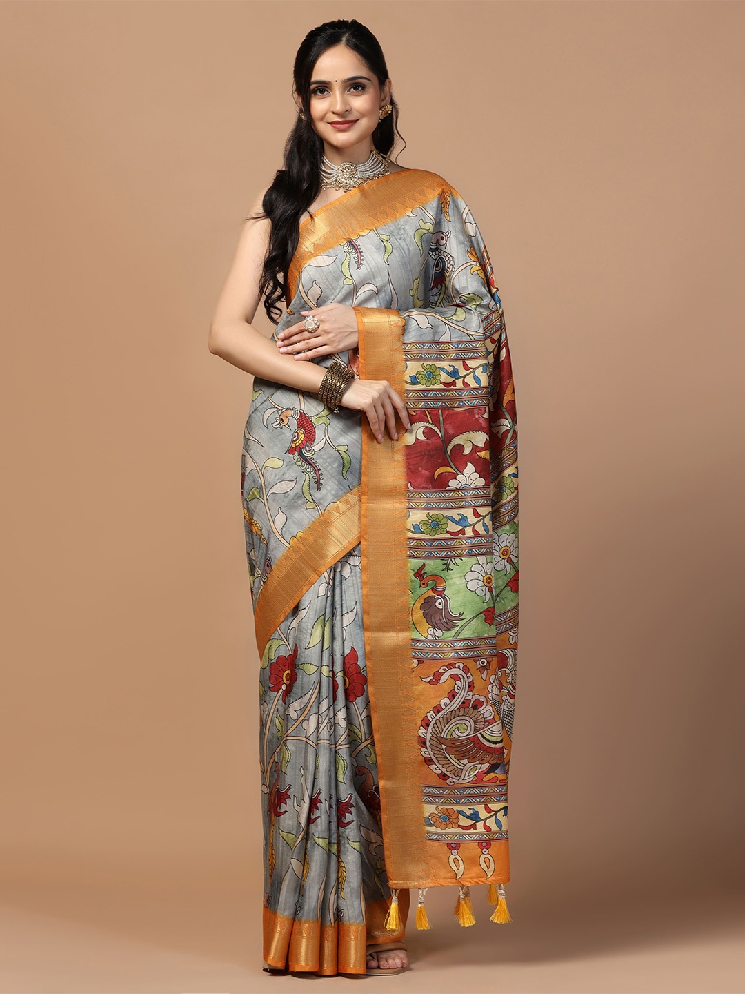 

Kaizen TEXO FAB Women Floral Printed Tusser Saree With Zari Border, Grey