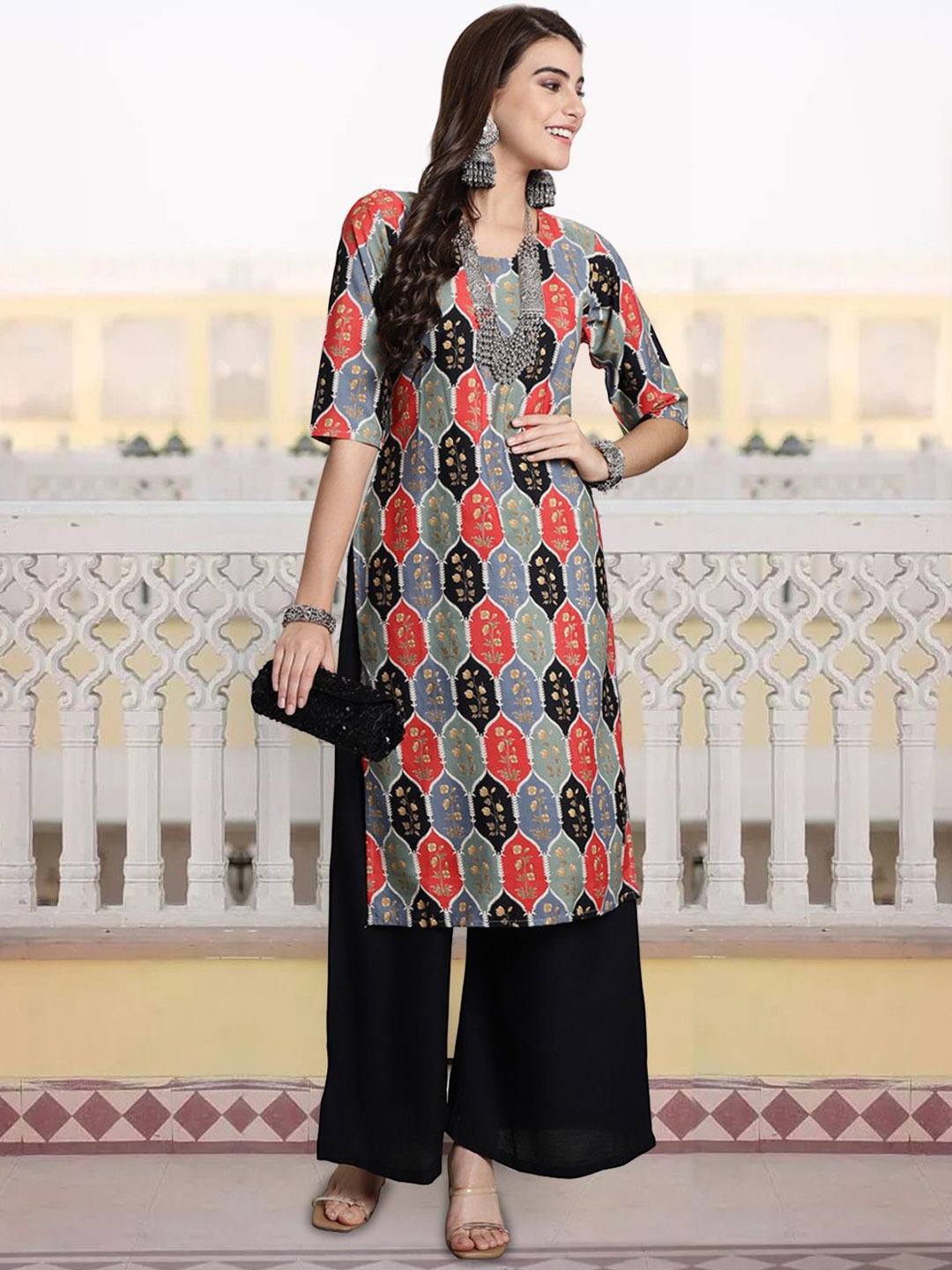 

7Threads Women Geometric Printed Flared Sleeves Mirror Work Floral Crepe Anarkali Kurta, Multi