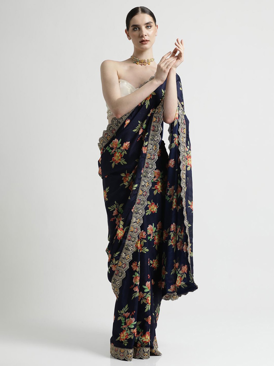 

Jaipur Kurti Floral Printed Embroidered Border Saree, Black