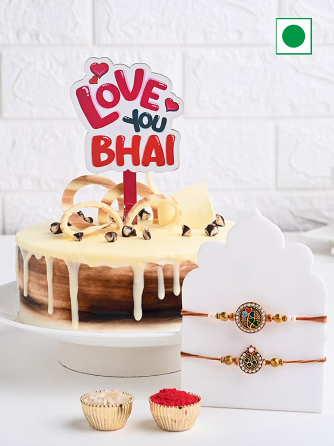 

Floweraura Set of 2 Meenakari Rakhi With Creamy Black Forest Cake With Topper 500 g, Gold