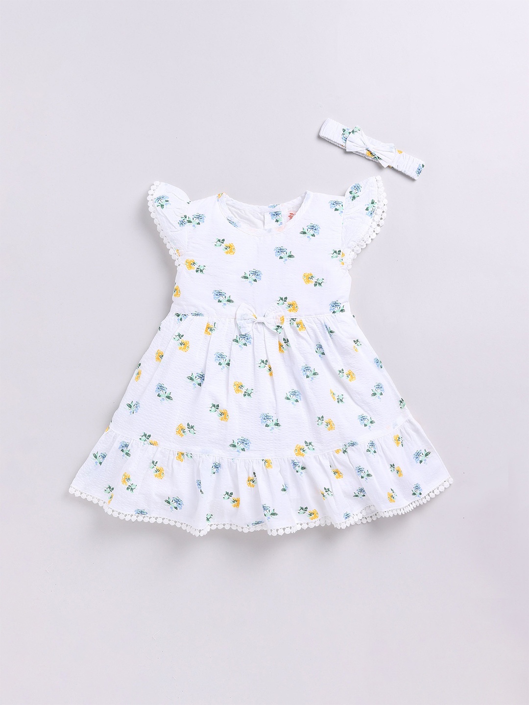 

SNUGGLY MONKEY Girls Floral Printed Fit & Flare Dress and Hairband, White