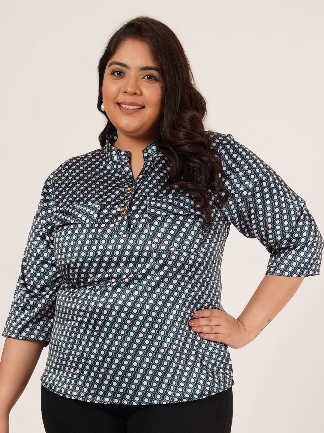 

Flambeur Geometric Print Mandarin Collar Roll-Up Sleeves Satin Shirt Style Top, Multi
