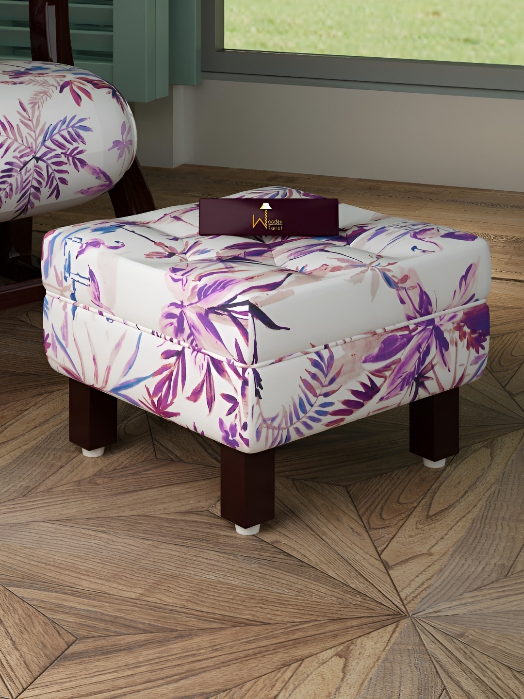 

Wooden Twist White & Blue Printed Cushioned Footrest Stool