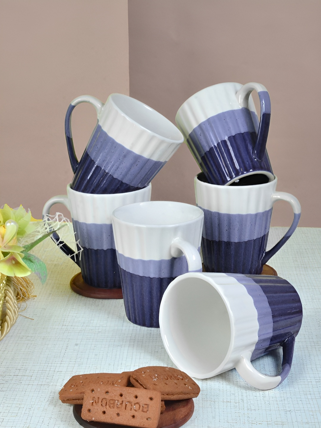 

FABINALIV Set of 6 White & Blue Striped Handcrafted Ceramics Matte Mugs