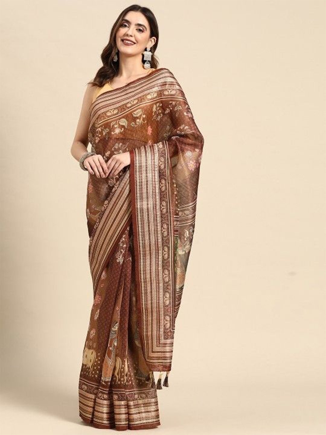 

Kaizen TEXO FAB Traditional Floral Printed Khadi Saree, Brown