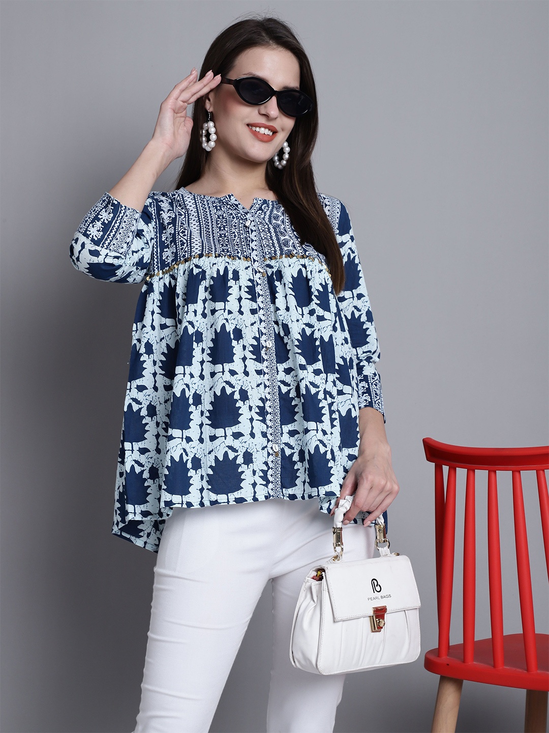 

Roly Poly Geometric Print Flared Sleeve Ethnic Cotton Top, Blue