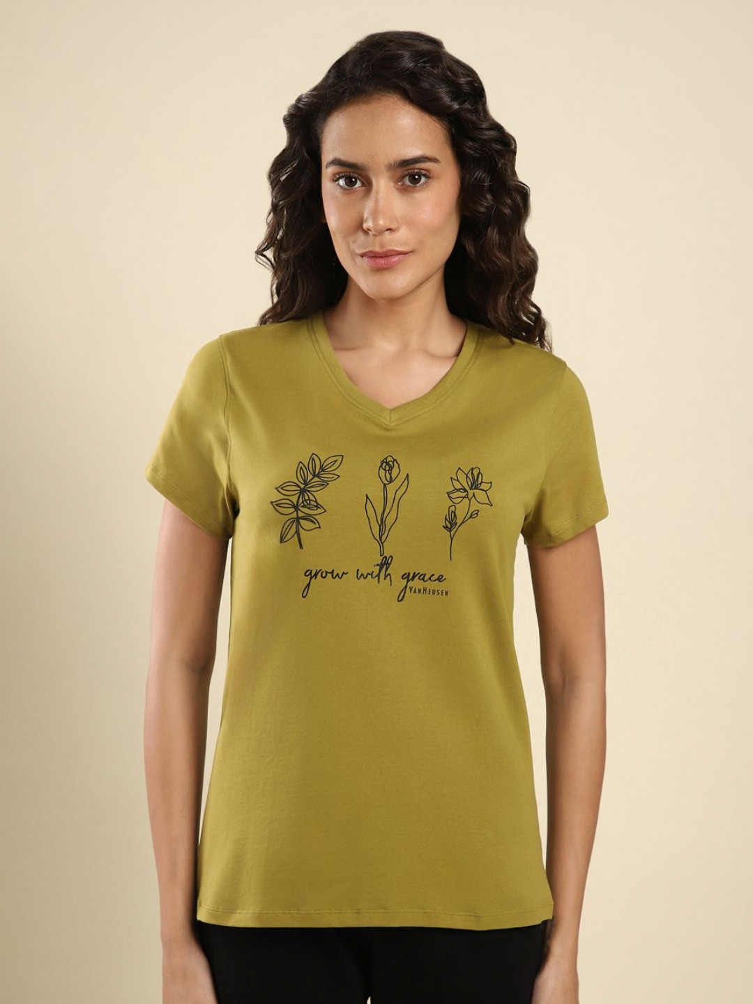 

Van Heusen Women Floral Printed V-Neck Cotton T-Shirt, Green