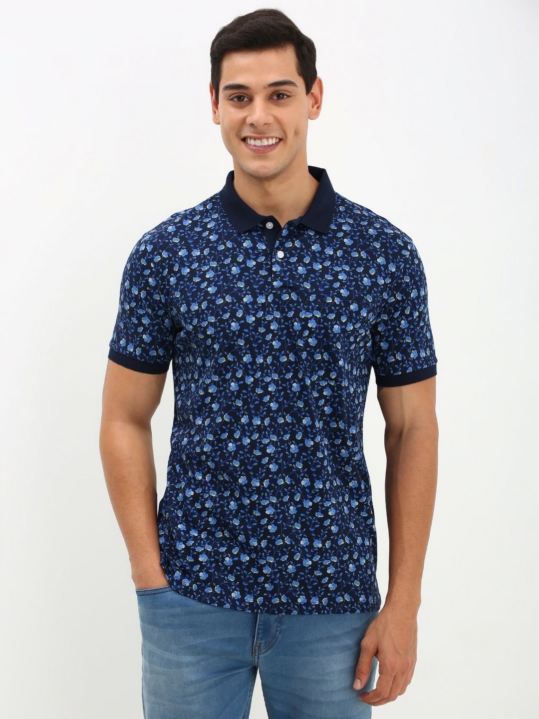 

Allen Solly Men Floral Printed Polo Collar Cotton T-Shirt, Navy blue