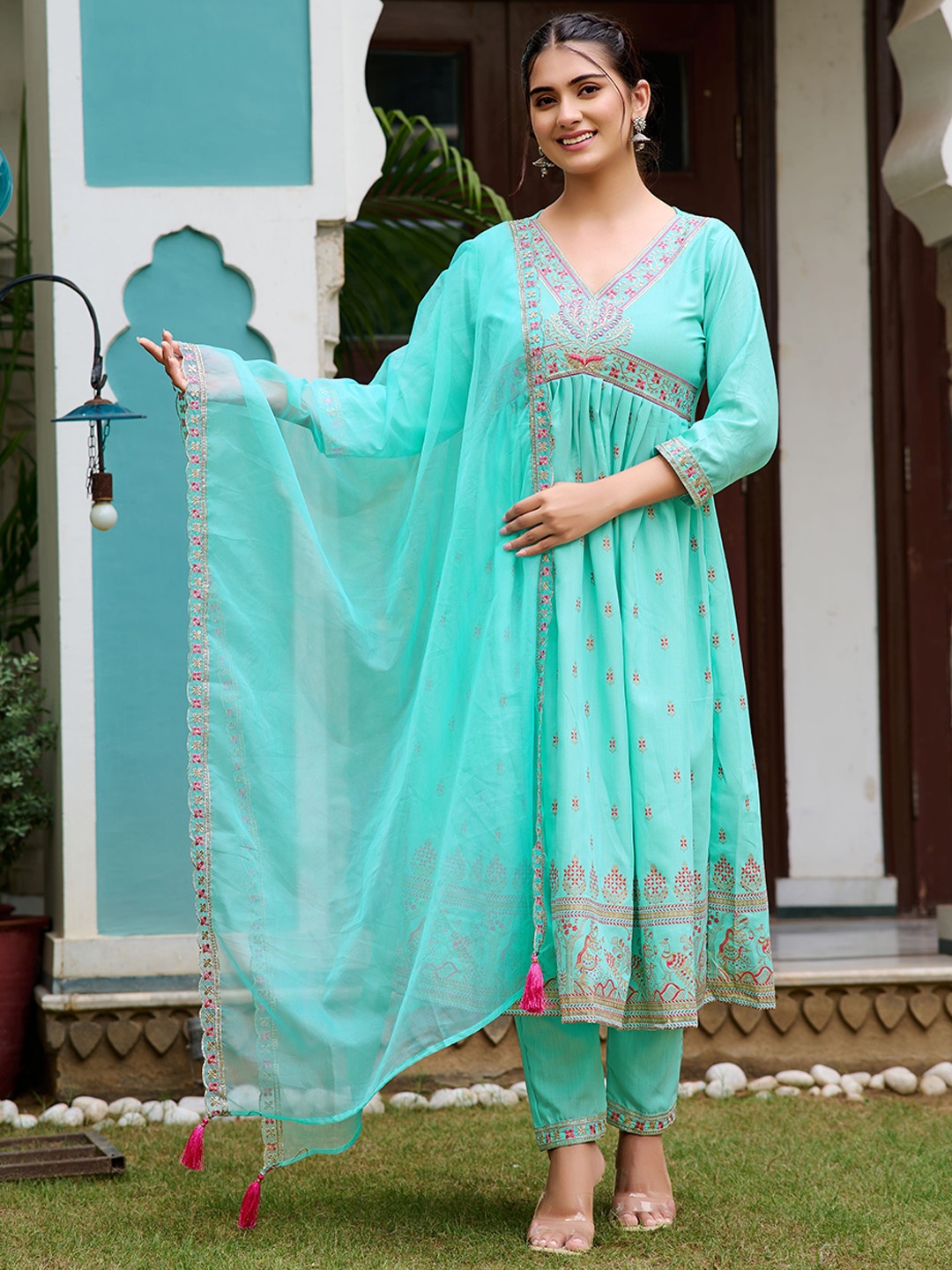 

KALINI Women Embroidered Pleated Thread Work Kurta with Trousers & With Dupatta, Blue