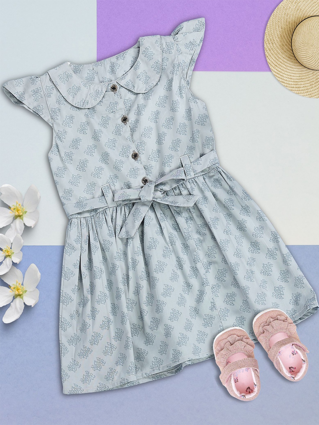 

ADDYVERO Girls Floral Printed Peten Pan Collar Pure Cotton Fit & Flare Dress With Belt, Grey