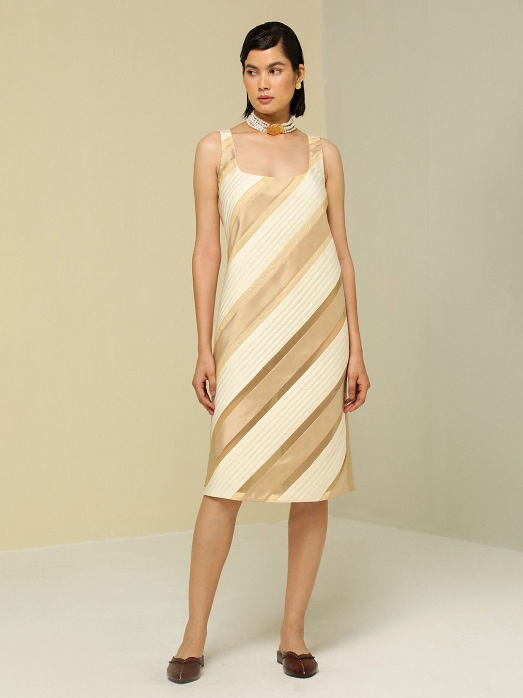 

ZAITRA Striped Square Neck Sleeveless A-Line Dress, Gold