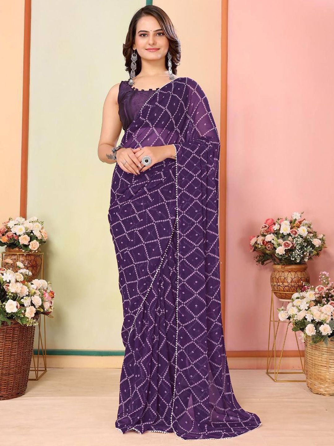 

Mitera Bandhani Embroidered Pure Georgette Ready to Wear Bandhani Saree, Purple