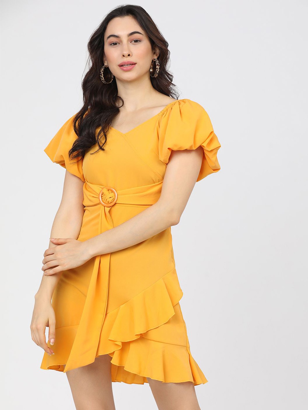 

Tokyo Talkies Women V-Neck Puff Sleeves Wrap Dress, Mustard