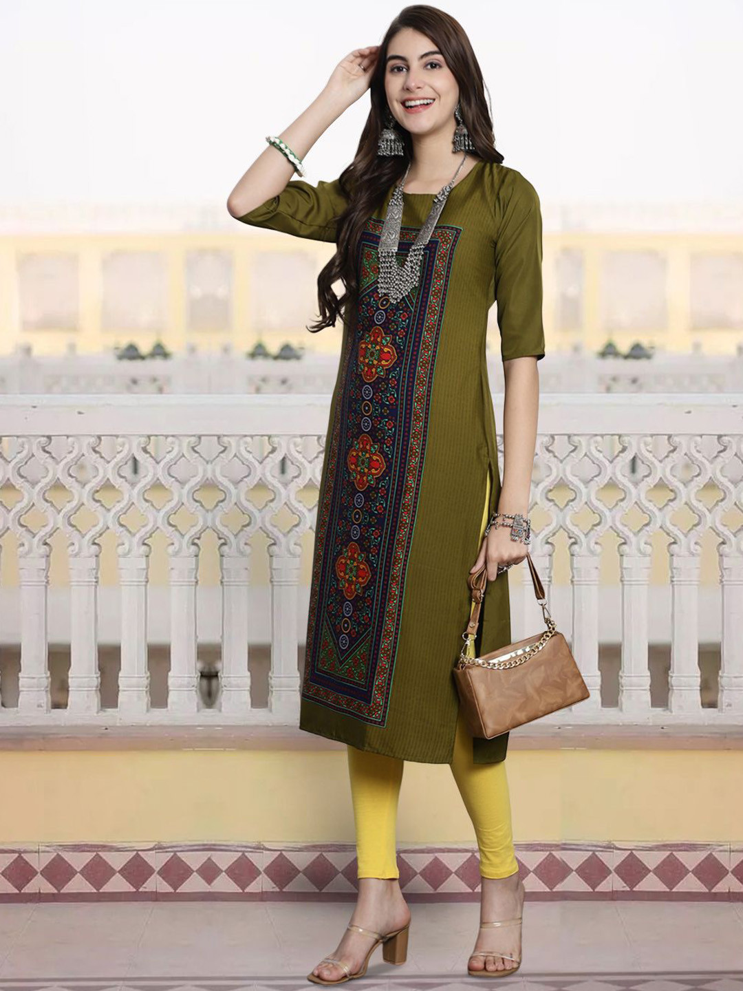 

7Threads Women Geometric Printed Sequinned Floral Crepe Kurta, Multi