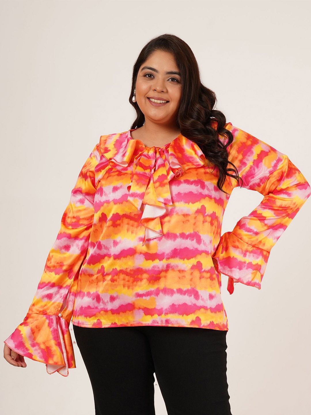 

Flambeur Print Tie-Up Neck Bell Sleeve Satin Top, Multi