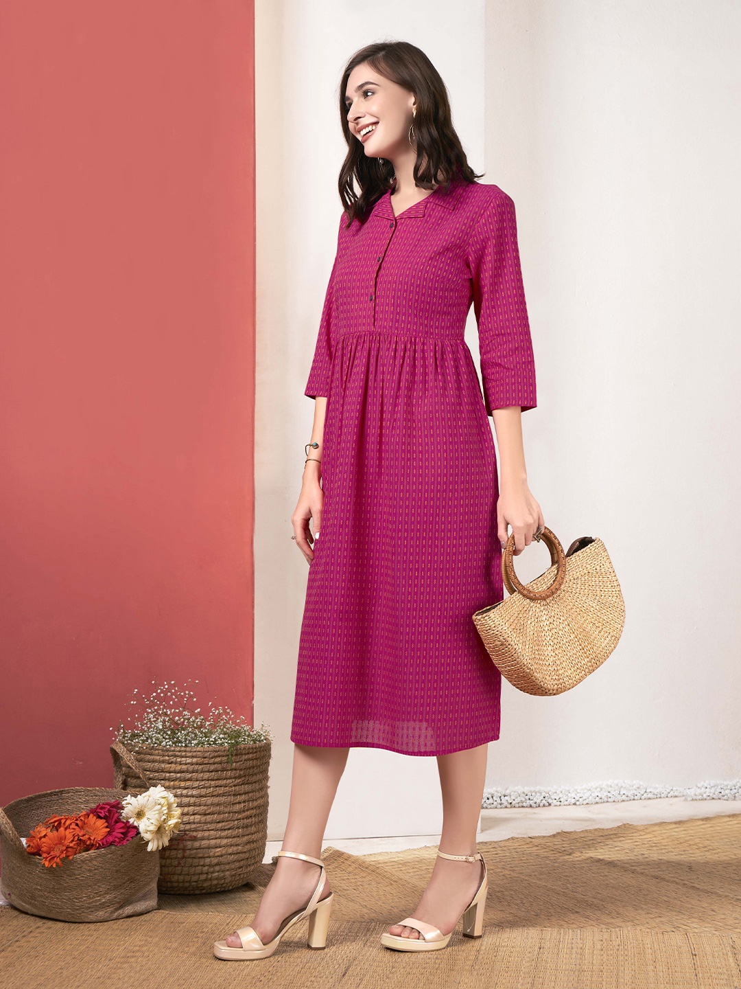 

Anouk Women Fit and Flare Midi Ethnic Motifs Printed Dress, Pink