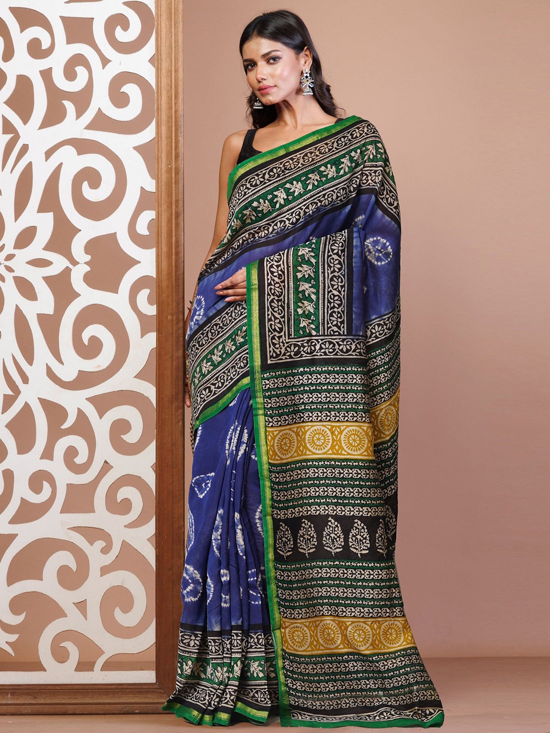 

Unnati Silks Ethnic Motifs Zari Silk Cotton Handloom Chanderi Saree, Blue