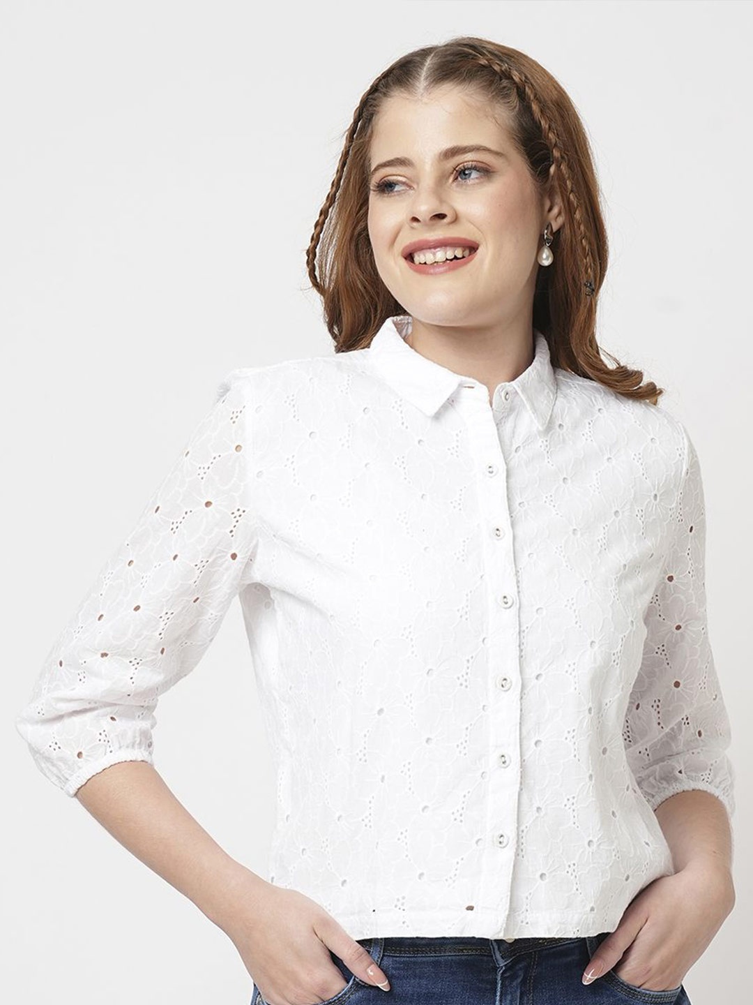 

Kraus Jeans Women Slim Fit Opaque Casual Shirt, White
