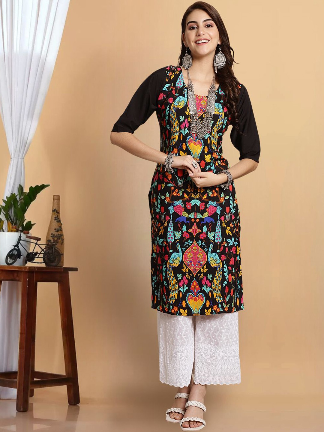 

7Threads Women Geometric Printed Keyhole Neck Cold-Shoulder Sleeves Thread Work Floral Crepe Anarkali Kurta, Multi