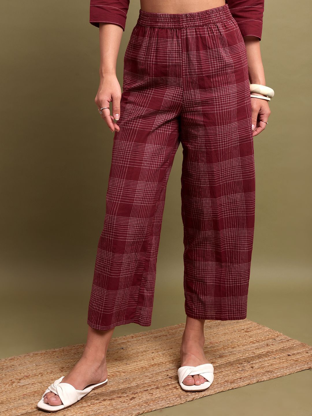 

Vishudh Women Checked Palazzos, Maroon