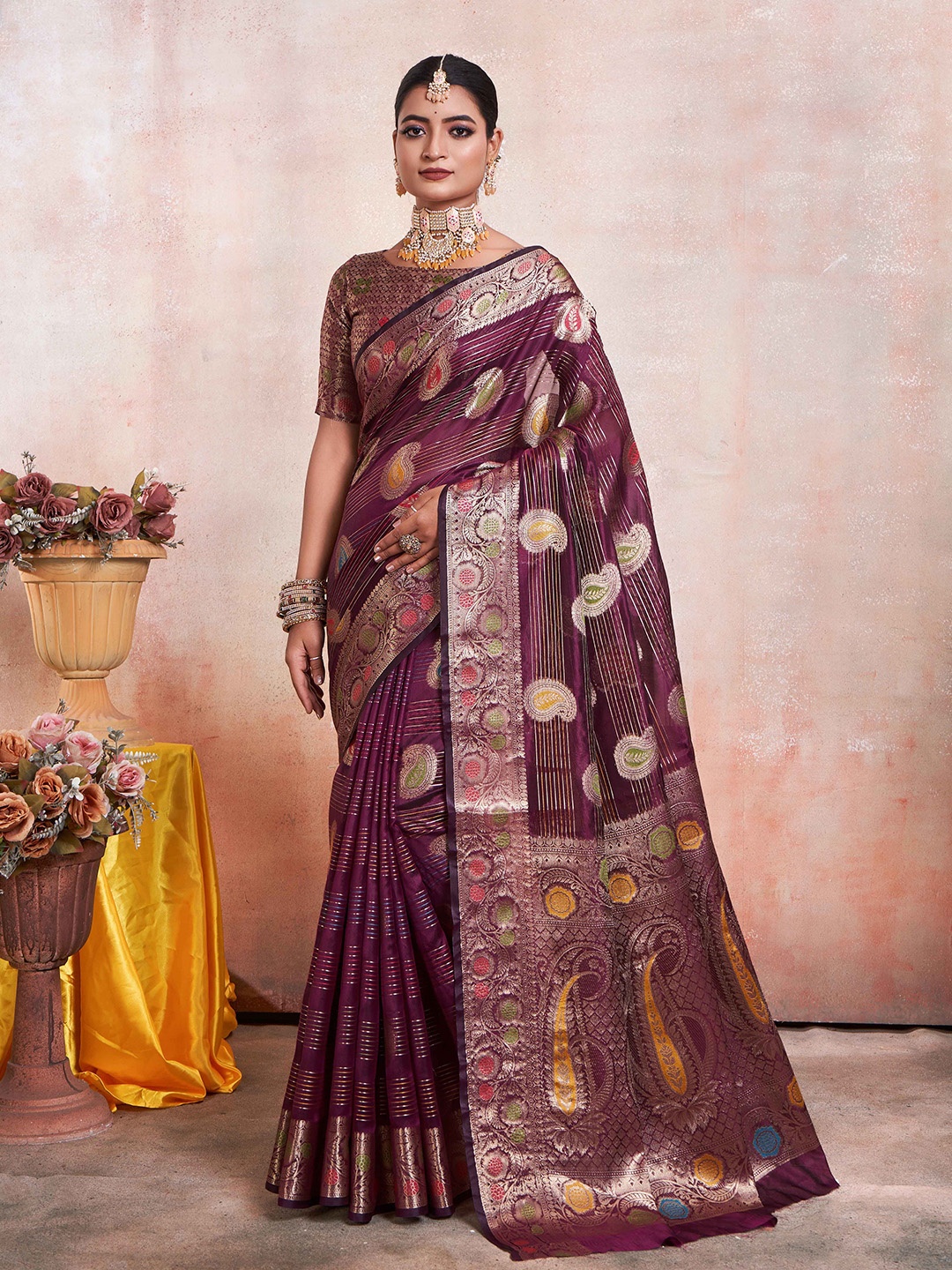 

KALINI Woven Design Zari Organza Kanjeevaram Saree, Purple