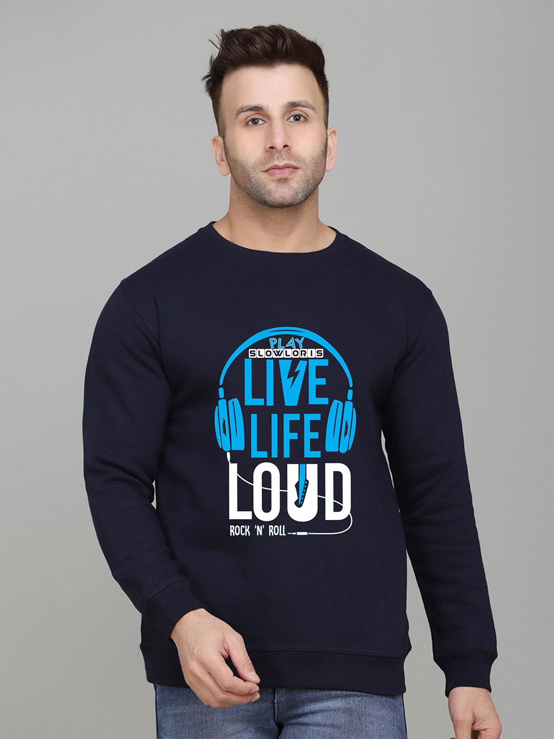 

SLOWLORIS Men Printed Sweatshirt, Navy blue