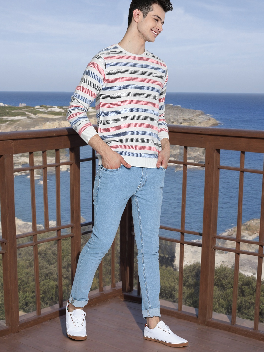 

Mast & Harbour Men White & Pink Striped Pullover