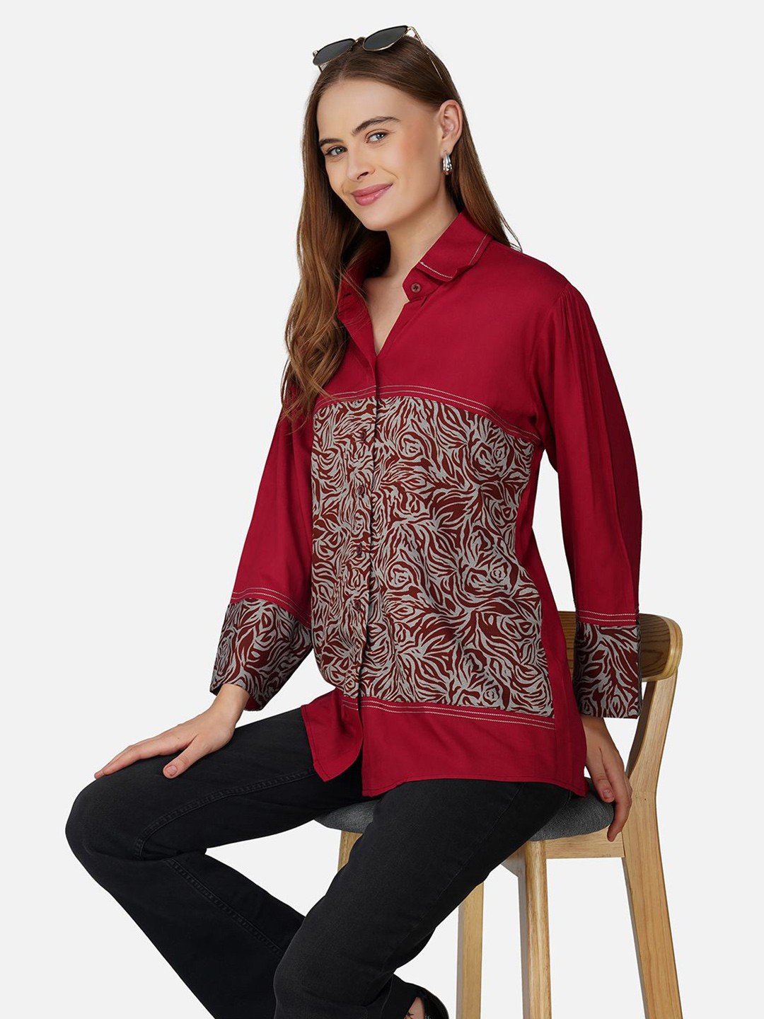 

BCZ Style Women Opaque Printed Casual Shirt, Maroon
