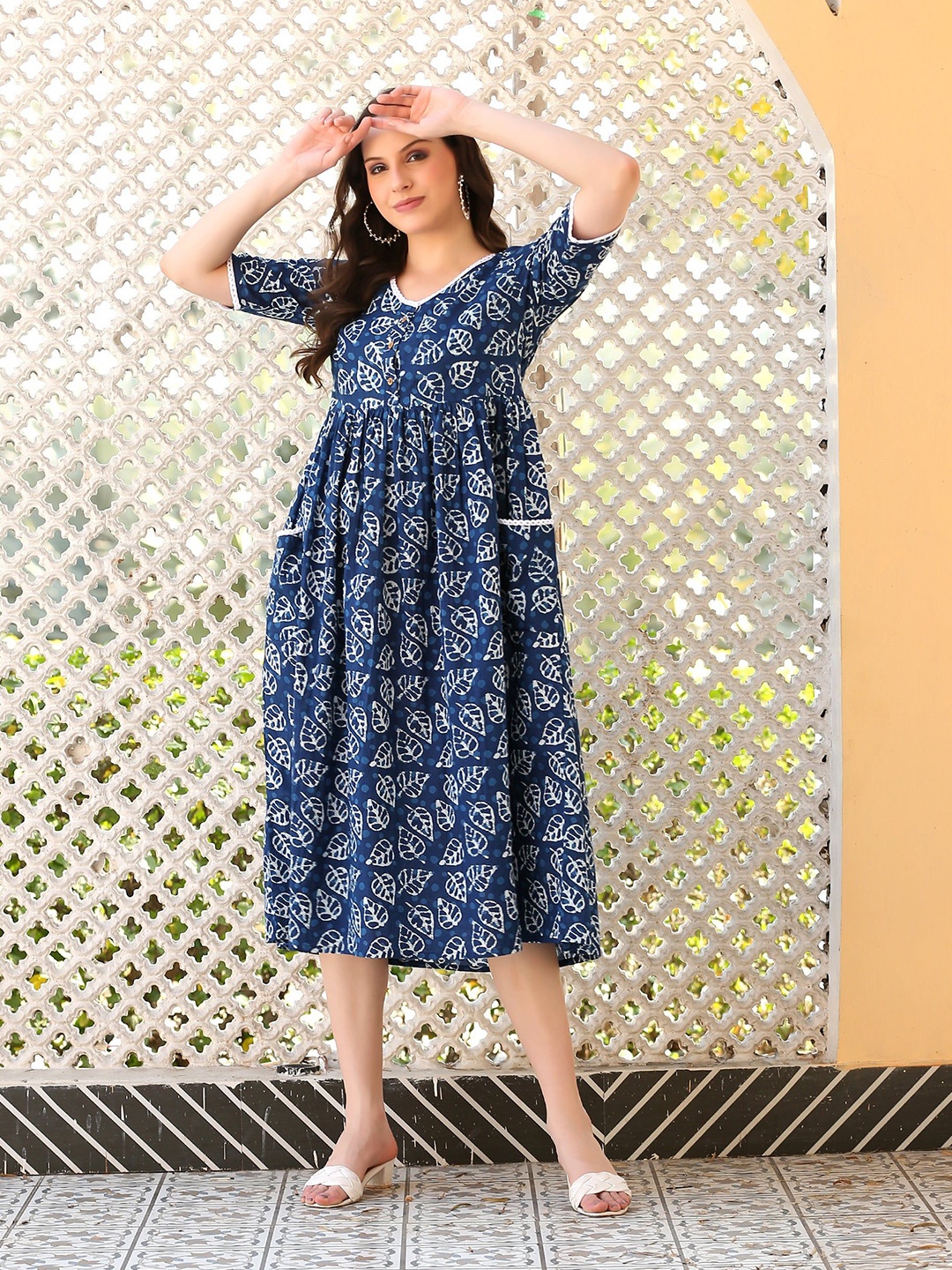 

KALINI Women Pure Cotton Floral Printed A-Line Dress, Blue