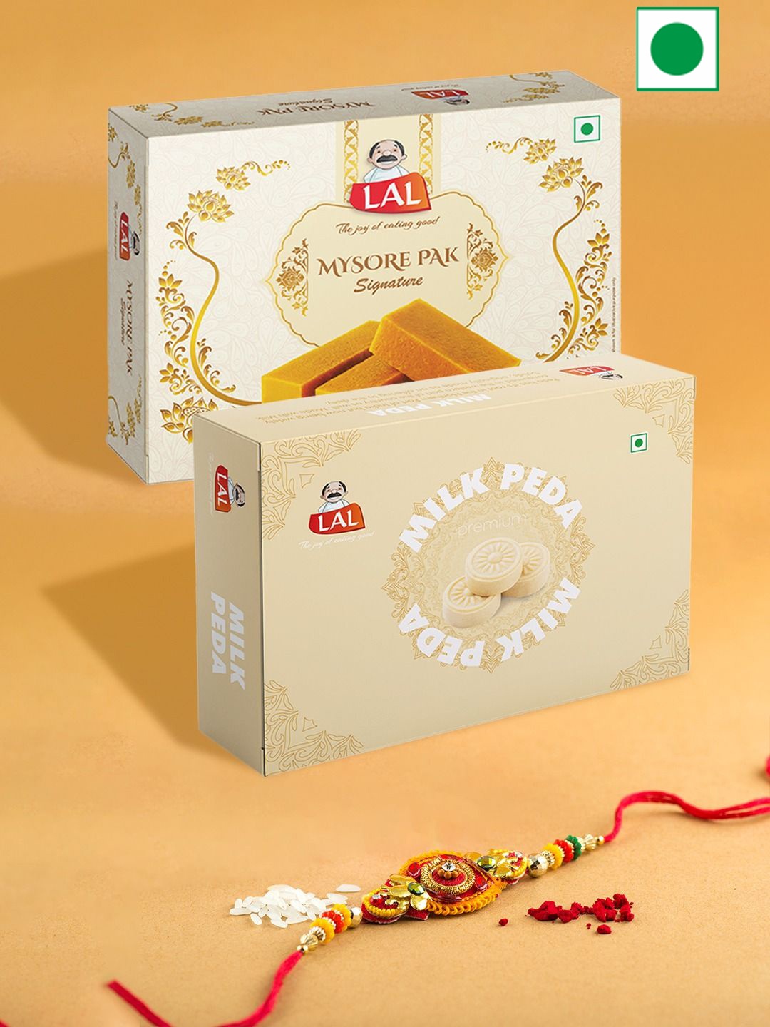 

LAL Rakhi & Mysore Pak & Milk Peda With Roli Chawal Sweets Gifts - 800g, Gold