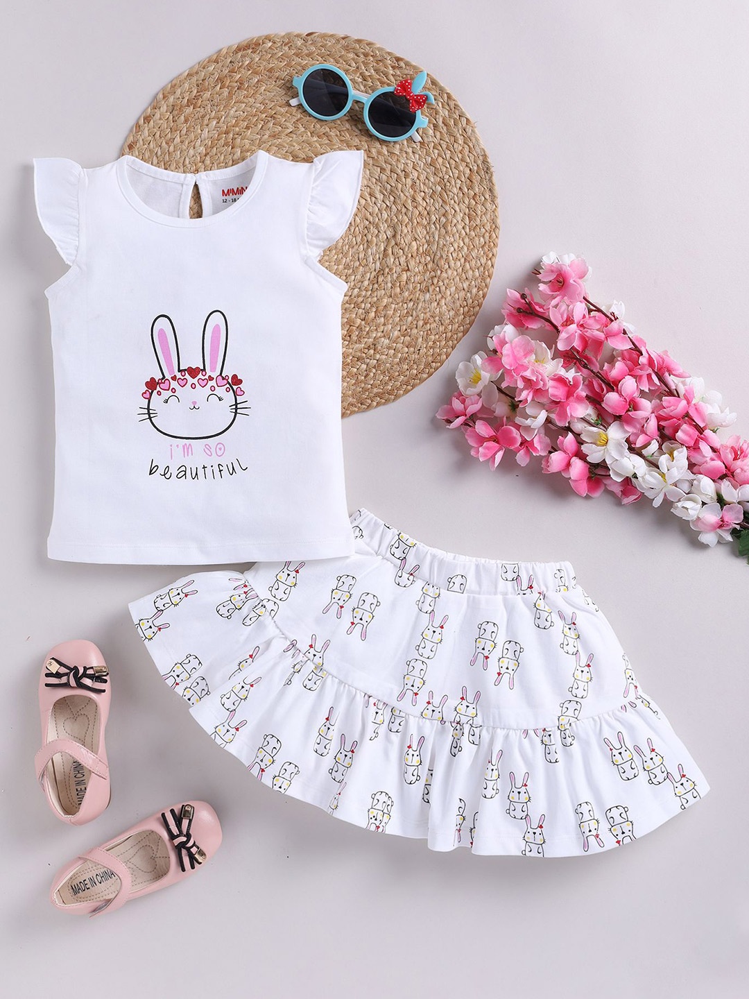

MIMINO Girls Printed Top with Skirt, White