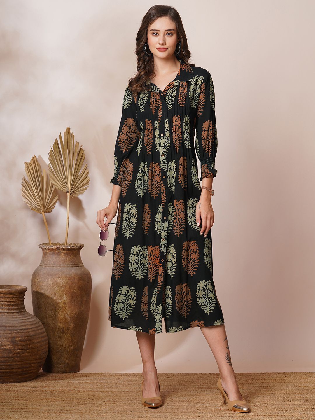 

FASHOR Women Ethnic Motifs Printed A-Line Ethnic Dresses, Black