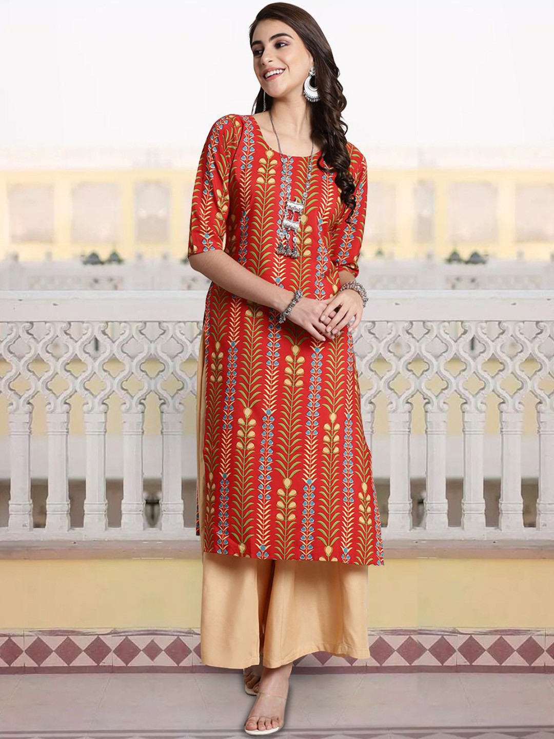 

7Threads Women Ethnic Motifs Printed Flared Sleeves Sequinned Floral Crepe Anarkali Kurta, Multi