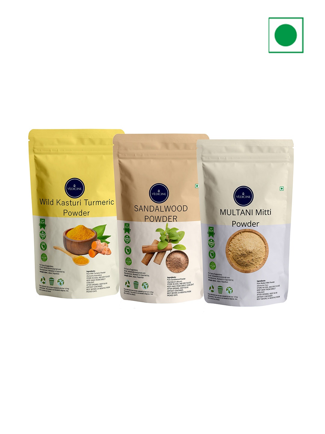 

VEDICINE Set Of 3 Multani Mitti Wild Turmeric & Sandalwood Power Face Packs -100g Each, Brown