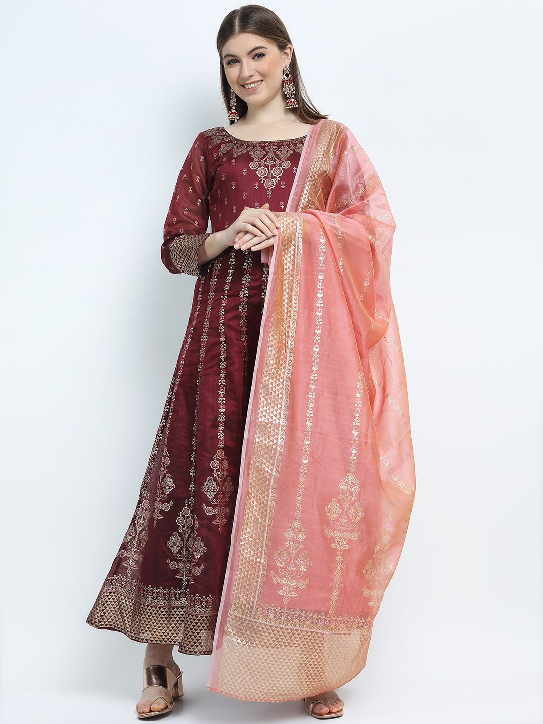 

Vishudh Ethnic Motifs Printed Chanderi Anarkali Dress With Printed Dupatta, Maroon