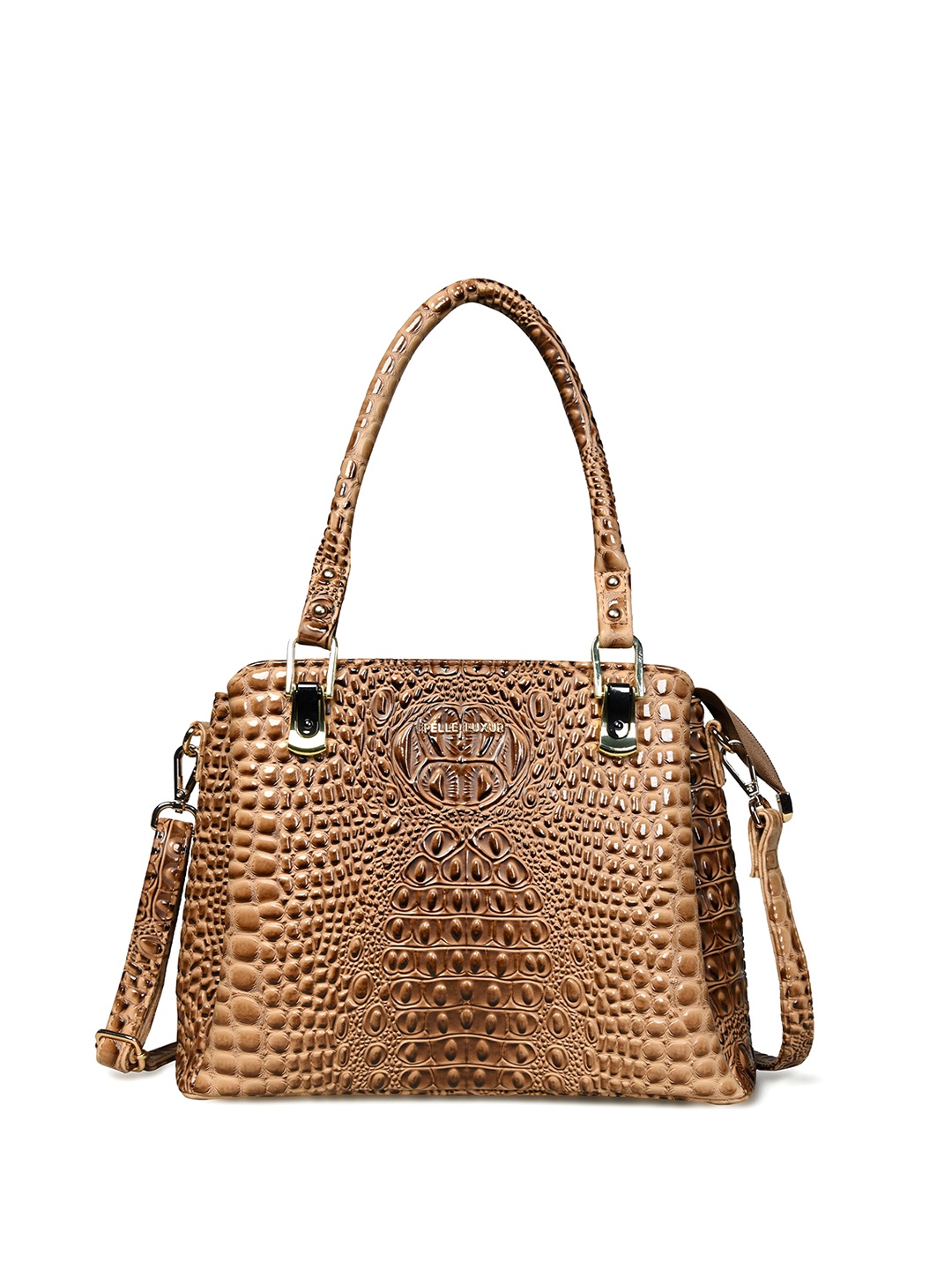 

PELLE LUXUR Textured PU Structured Handheld Bag with Bow Detail, Camel brown